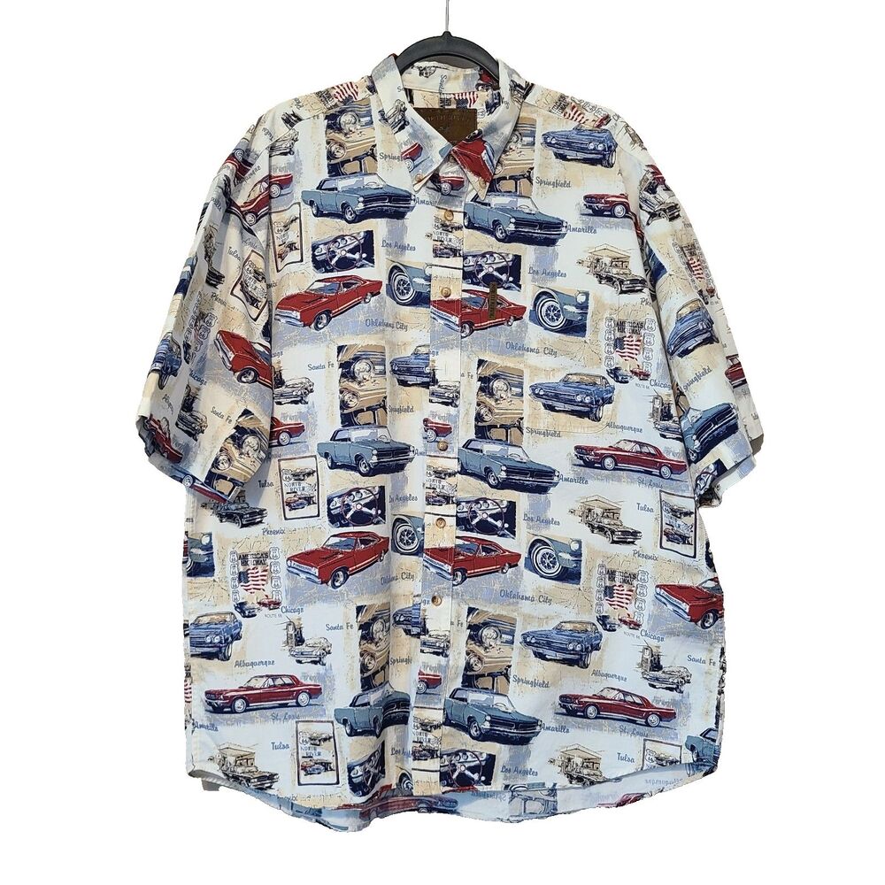 VTG North River Classic Car Route 66 Button Down Shirt Mens XL Hot Rod Novelty
